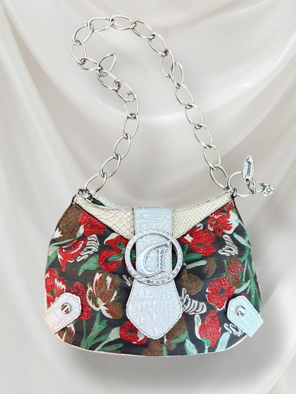 Guess Red Floral Shoulder Bag with White Trim